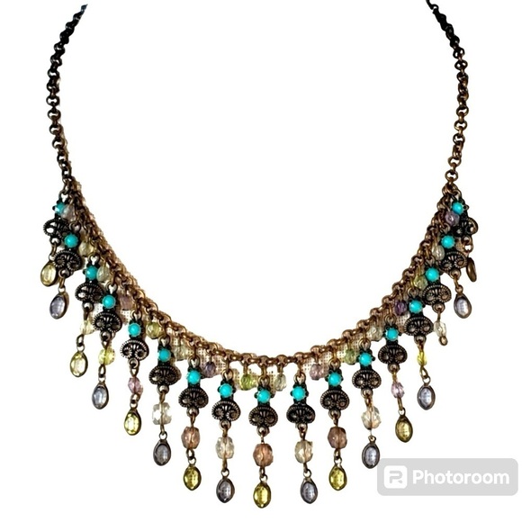 Avon Bohemian Antiqued Brass Turquoise Enamel Bib Necklace w/ matching earrings - Picture 1 of 6